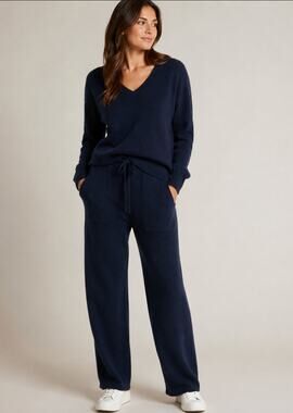 Allude Womens Large Navy Wool Cashmere Knit Pants Straight Leg Pull On
